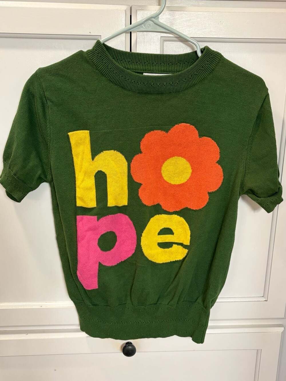 OXKNIT Hope Short Sleeve Sweater Women’s XL Green Floral Colorful Knit Pullover